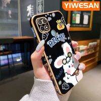 YIWESAN เคสสำหรับ OPPO A15 A35 A15s 4G เคสลายการ์ตูนดีไซน์ใหม่กระต่ายบางหรูหราชุบลายขอบสี่เหลี่ยมเคสโทรศัพท์กันกระแทกคลุมทั้งหมดป้องกันเลนส์กล้องเคสนิ่ม