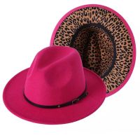 Hot Pink and Leopard Two Tone Wool Felt Fedora Hats Women Men Patchwork Wide Brim Jazz Formal Hat with Leather Band