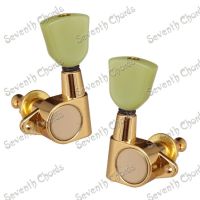 A Set Gold GRO Style Sealed-gear Guitar Tuning Pegs Machine Heads With Trapezoid Jade Green Button