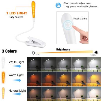 USB Rechargeable Clip-On Book Light 3 Color Book Lamp Adjustable Brightness Reading Lamp for Kids Sleep Aid Lights for Kindle