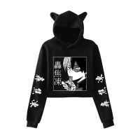 Anime My Hero Academia Hoodie Cat Ear Hoodie Womens Cropped Top Japanese Shoto Todoroki Graphic Streetwear Pullover Sweatshirt