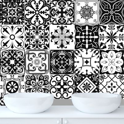 Black White Waterproof Retro Strip Tiles Wall Sticker Bathroom Kitchen Stair Table Decoration Wallpaper Peel Stick Art Mural