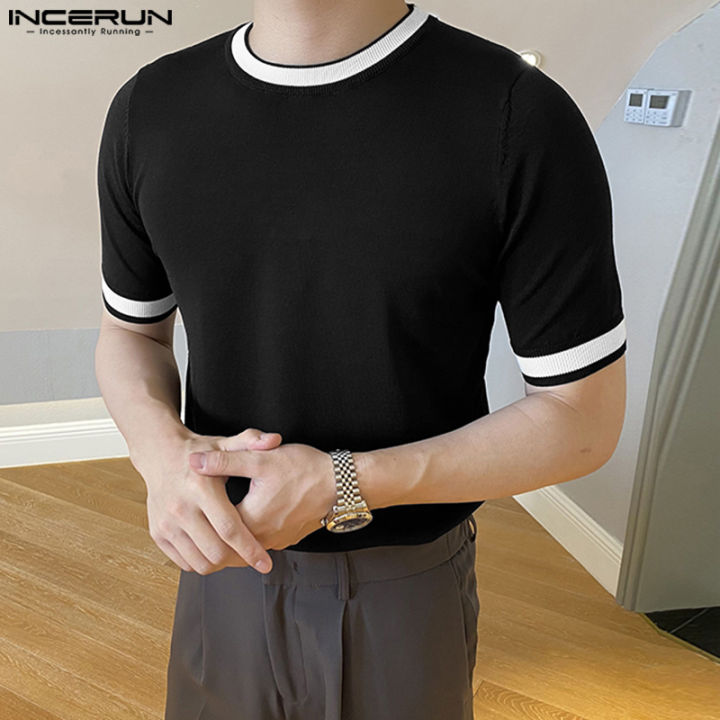 เสื้อยืดคอกลมถักแบบวินเทจผู้ชายแขนสั้นในสีที่นิยมเสื้อยืด-ลดล้างสต๊อก