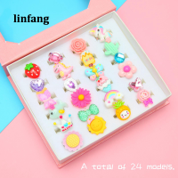 Linfang 24ชิ้น/เซ็ตการ์ตูนเด็กแหวนดอกไม้สัตว์ปรับโลหะผสมเด็กแหวน