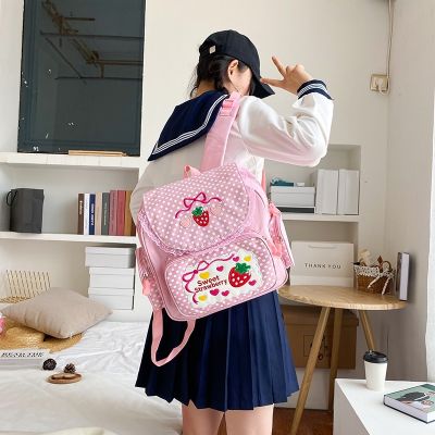 Cute Embroidered Fruit Strawberry Lace Girl Backpack Soft Sweet Lady Student School Bag Female