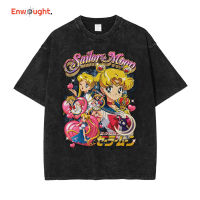 【 Cw】anime SAILOR Moon เสื้อยืด VINTAGE washed tsukino usagi Girl เสื้อยืดกราฟิก oversized Street Wear Manga แขนสั้น Tops Tees