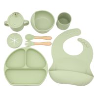 6/7PCS Baby Silicone Feeding Tableware Sets Non-slip Sucker Bowl Dining Plate With Cover Bibs Spoon Fork Sippy Cup Dishes Bowl Fork Spoon Sets