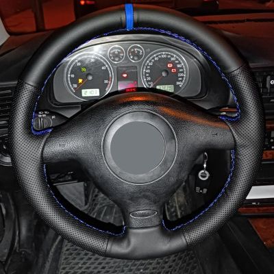 【YF】 For VW Golf 4 MK4 1998 - 2002 2003 2004 Passat B5 1996 -2005 Old Car Steering Wheel Cover Trim Black Leather with blue strip