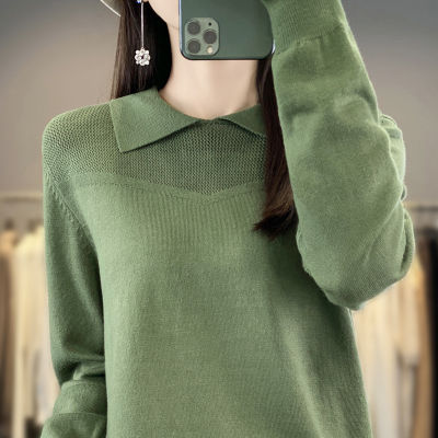 2023 Autumn Style Temperament mercerized Cotton Pullover Doll Collar Regular Sweater Womens Knitwear 2023