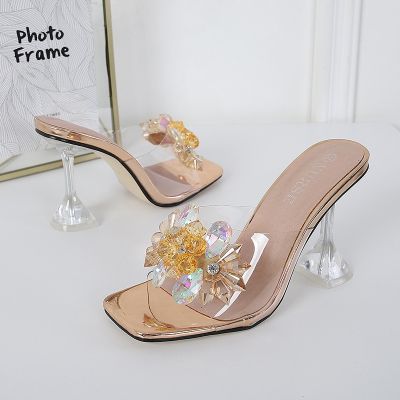 Summer new glass with high crystal flower with a word procrastinates stage shows party high-heeled slippers yards female
