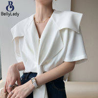 Women Short Sleeves Thin Shirt Sailor Collar Solid Color Pullover Blouse Single-breasted Loose Tops【fast】