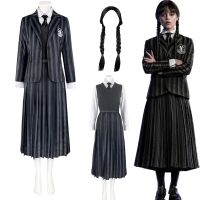 Wednesday Addams Cosplay Costume Schoolgirl Nevermore College School Uniforms Wig Striped Vest Shirt Coat Suit Halloween Party