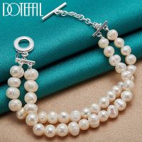 DOTEFFIL 925 Sterling Silver Double Natural Freshwater Pearl Chian Bracelet For Woman Man Wedding Engagement Party Jewelry