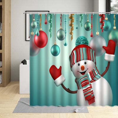 Merry Christmas Shower Curtain Set With Hook 3D Snowman Christmas Decorate Ball Green Pattern Bathroom Curtains Polyester Cloth