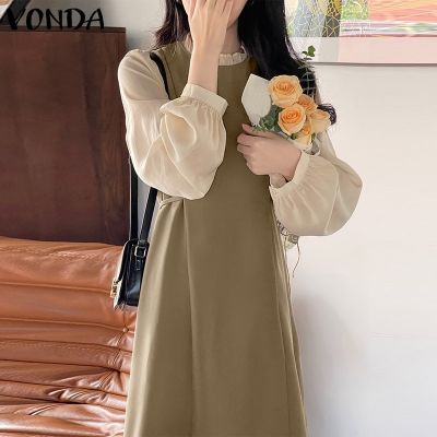 （A So Cute） ◎ VONDA ชุดเดรสทูนิกอัดพลีทปะต่อเสื้อเชิ้ตแขนยาวเกาหลีลำลองสำหรับผู้หญิง