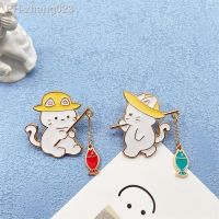 Wearing A Hat Cat Metal Enamel Brooch Cartoon Kitten Fishing Badge Cute Sweet Couple Girlfriends Pin Clothing Bag Jewelry Gift