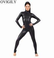 OVIGILY Women Spandex Metallic Unitard Catsuit Adults Shiny Lycra Long Sleeve Unitards Bodysuits Skin Black Tight Female Costume