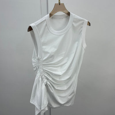TWOTWINSTYLE Casual White T Shirt For Women O Neck Sleeveless Ruched Irregular Slim T Shirts Females Summer Fashion  Stylish