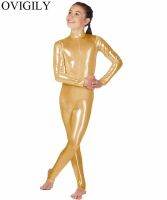 OVIGILY Kids Gold Metallic Mock Neck Dance Unitard Girls Shiny Stretchy Long Sleeve Unitards For Gymnastics Bodysuits Catsuits