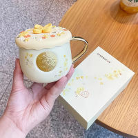 Starbuck Osmanthus กลางฤดูใบไม้ร่วงสีทองลอเรลแก้วกับฝาช้อนสดใสขนาดเล็กถ้วยน้ำเซรามิคกล่องของขวัญความจุมาก