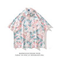 Retro Hong Kong style floral full print short-sleeved flower shirt mens tide brand summer couple casual loose shirt 【BYUE】