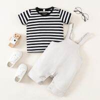 [COD] Boys casual suit summer 2022 infant boy new striped short-sleeved T-shirt solid overalls