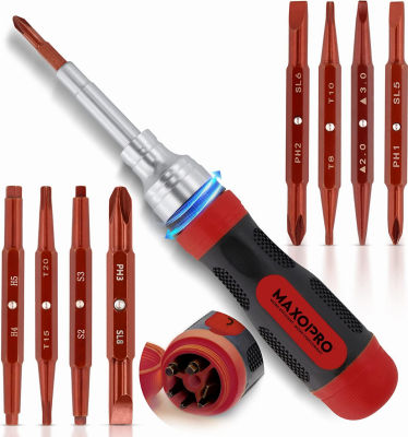 Ratcheting Multi Screwdriver with Magnetic Tips - 19 In 1 Ratchet Screwdriver Set - Portable and Multipurpose All In One Screwdriver, Phillips/Slotted/Torx-Star/Hex/Square Bits - MaxoPro