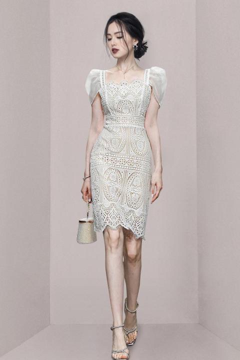 2023-summer-new-fashion-french-puff-sleeve-french-elegant-ladies-square-neck-slim-lace-short-sleeve-v-neck-dress