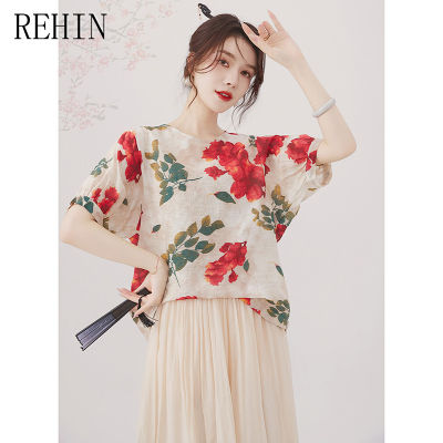 REHIN เสื้อผู้หญิงย้อนยุคคอกลมแขนสั้นลายดอกไม้แบบสวมหัวแฟชั่นใหม่ฤดูร้อน