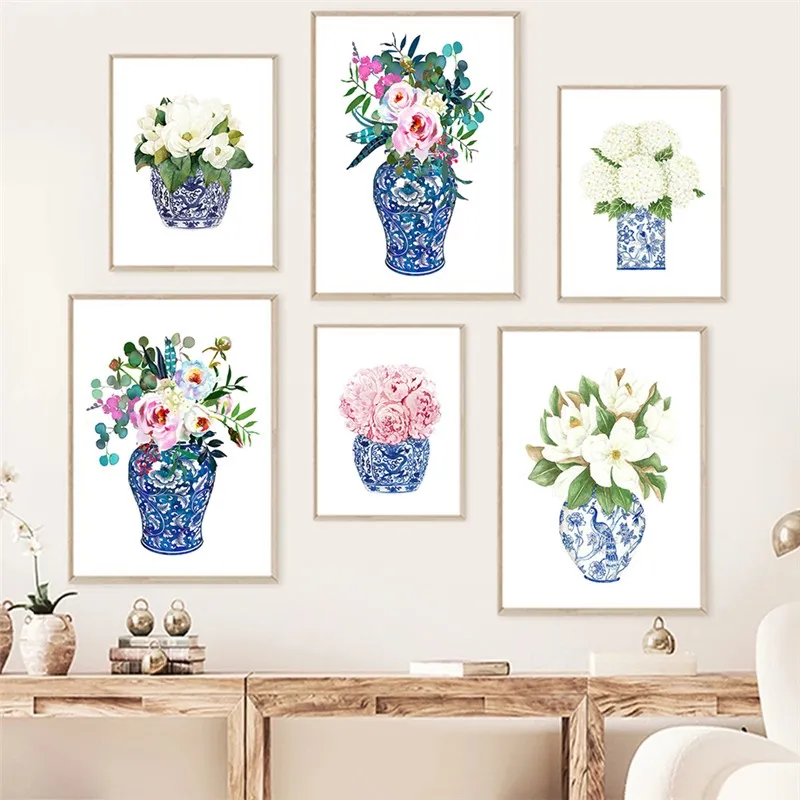 Blue and White Vase Chinese Porcelain Canvas Painting Magnolia Hydrangea Wall  Art Poster Living Room Decoration Home Decor Lazada Singapore