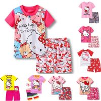 Cotton Pjs Hello Kitty Kids Baby Girls Cartoon Pajamas Set Sleepwear Short Sleeve 2Pcs T-Shirts Shorts Pyjamas