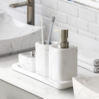 4 Pieces Bathroom Accessory Sets with Marble Look Includes Lotion Dispenser Soap Pump Tumbler Cotton swab box and Tray