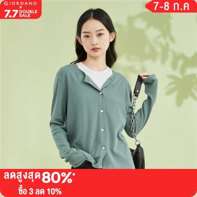 GIORDANO Women T-Shirts Solid Color Button Closure Rib Tee Crewneck Long Sleeve Simple Basic Fashion Casual Tshirts 13323305