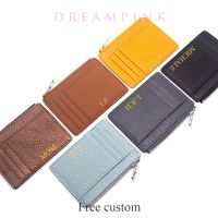 Tempat Kartu Ritsleting Ramping Kulit Asli Dompet Mini Pria Wanita Kulit Sapi Solid Nama Kustom Dompet Koin Hadiah DIY Huruf Personalisasi