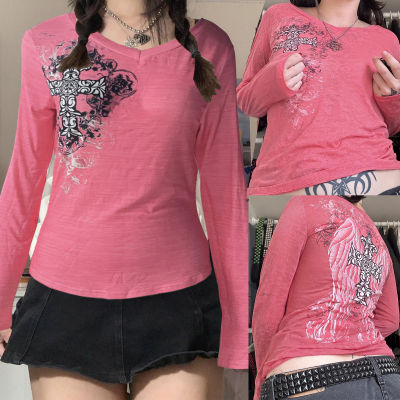 Soul Dance-เสื้อแนวกอธิคสำหรับสตรีทแวร์แนววินเทจแขนยาวสีชมพูพิมพ์ลายเสื้อยืดแบบหลวมแนวสตรีท