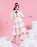 Wila-Dream Love Dress เดรสวินเทจ แขนตุ๊กตา ปกคอไดคัทหัวใจ ลายแกะ ก้อนเมฆ