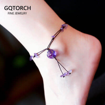 แฮนด์เมดถัก Anklets สำหรับผู้หญิงเครื่องประดับธรรมชาติอเมทิสหยกโรสควอตซ์หินลูกปัดโซ่ดอกไม้สลักเครื่องประดับ Fine