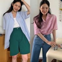 พร้อมส่ง ⛺️?? gingham minimal shirt C3333 เสื้อเชิ้ตแขนสั้น เชิ้ตแขนสั้นลายสก็อต เชิ้ตแขนสั้น มี 2 ฟ้า ชมพู