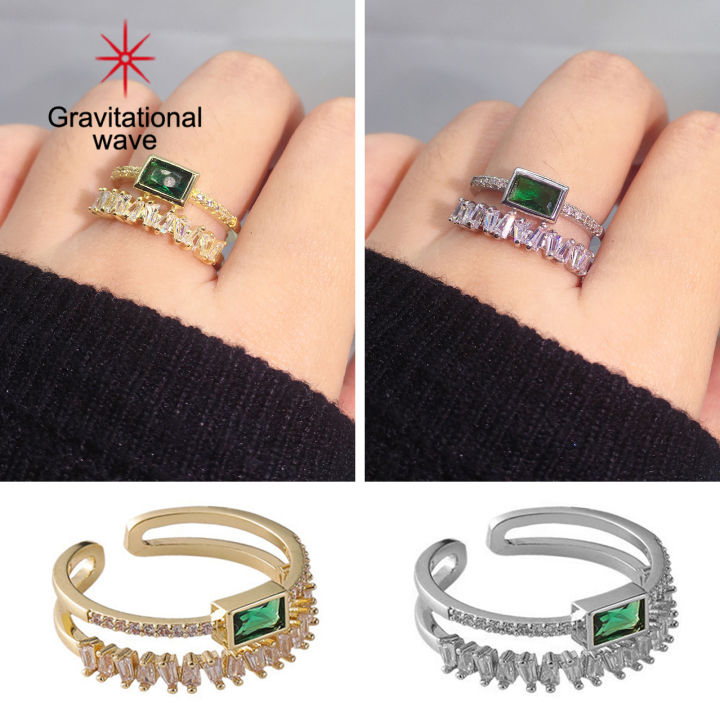 แหวนแต่งงานสำหรับผู้หญิงแหวนเพทายสองชั้นเปิดปรับได้แหวนแต่งงานคริสตัลเทียมสีเขียวของขวัญวันวาเลนไทน์