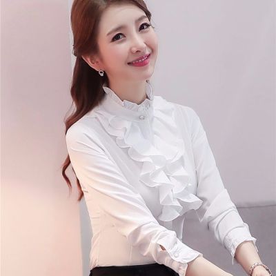 เสื้อสตรีขนาดใหญ่สไตล์ใหม่เกาหลีฤดูใบไม้ร่วง2023ผ้าระบายขอบเสื้อสตรีเข้ารูปสีทึบ