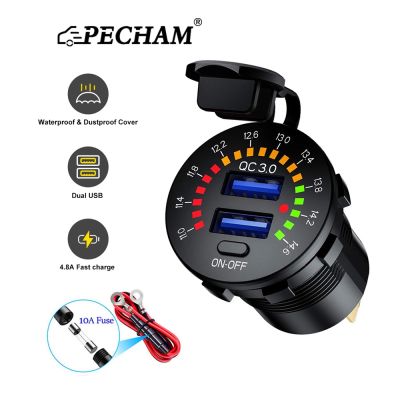 PECHAM Qc อุปกรณ์ชาร์จในรถยนต์ USB คู่ 3.0 พร้อมโวลต์มิเตอร์ LED สวิตช์เปิดปิด 12V 24V กันน้ํา 18W