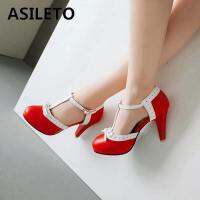 ASILETO Plusขนาด 32-44 รองเท้าส้นสูงรอบToeปั๊มส้นสูงผู้หญิงปั๊มแพลตฟอร์มBow Partyงานแต่งงานรองเท้าTสายคล้อง 972