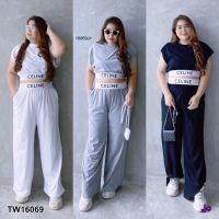 TW16069 Set #Bigsize เสื้อครอปแขนกุดแต่งยาง+กางเกงขายาว Ribbed sleeveless crop top + long pants