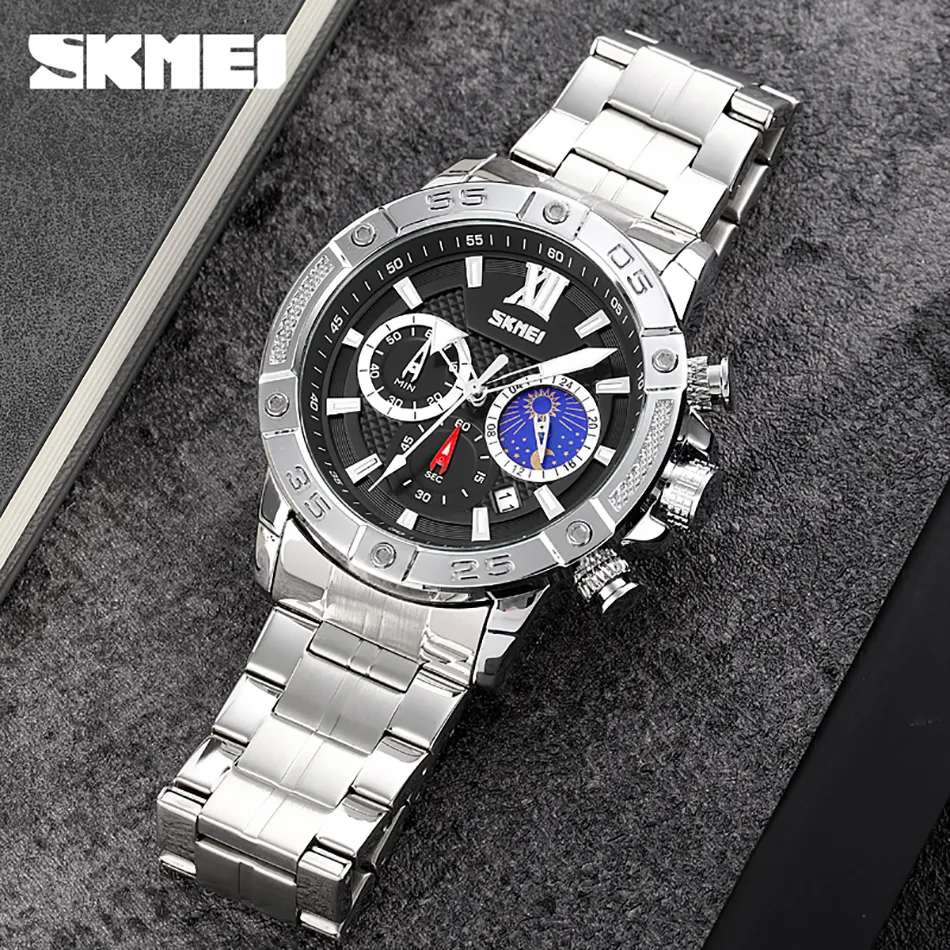 SKMEI Jam Tangan Pria, Arloji Bisnis Baja Tahan Karat Kalender Fase Bulan  Tanggal Tahan Air 30M | Lazada Indonesia