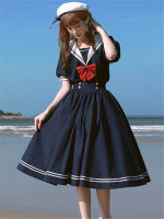 Harajuku Sailor Collar Navy Dress Japanese Lolita Sweet Bow-knot Girl Retro Kawaii Preppy Style Short Sleeve Dress Women 2021