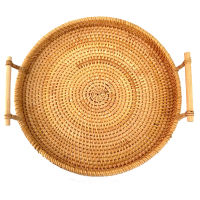 2021Rattan Storage Tray Round Basket with Handle Hand-Woven Rattan Tray Wicker Basket Bread Fruit Food Breakfast Display Stand Decor