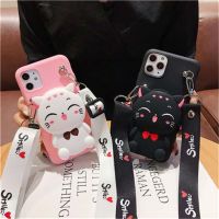 For Xiaomi Redmi 6 6A 7 7A 8 8A 9 9A 9C 9T 10A 10C 10 Note7 Note8 Pro Cartoon Soft TPU Coin Back Cover Cute 3D Lucky Cat Wallet Bags Phone Case With Lanyard