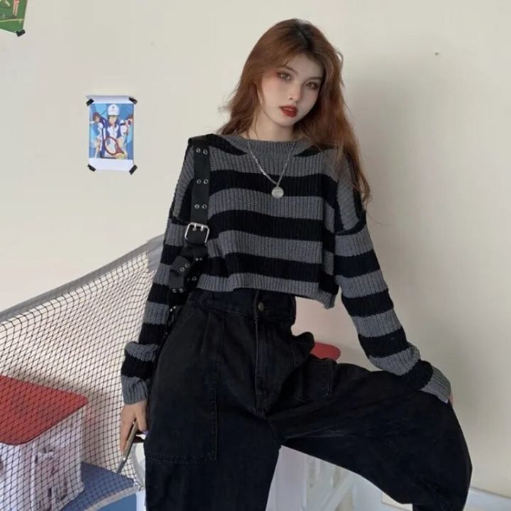 แฟชั่นตัดเสื้อกันหนาวเซ็กซี่ท็อปส์ผู้หญิงสีดำสีขาวลายเสื้อถักเสื้อกันหนาวผู้หญิงเกาหลีจัมเปอร์-y2k