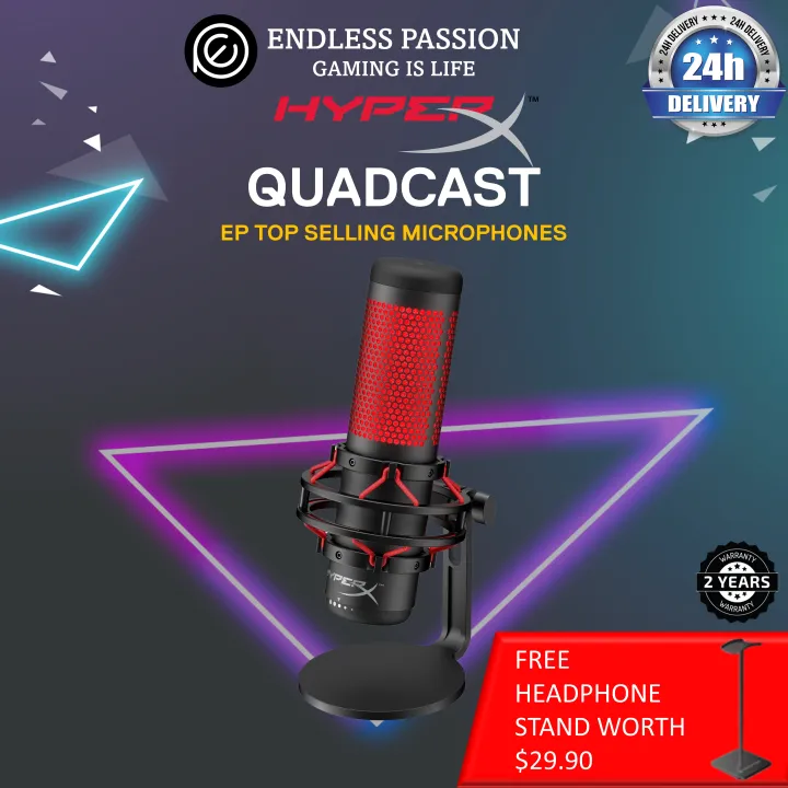  HyperX QuadCast - USB Condenser Gaming Microphone, for PC, PS4,  PS5 and Mac, Anti-Vibration Shock Mount, Four Polar Patterns, Pop Filter,  Gain Control, Podcasts, Twitch, , Discord, Red LED