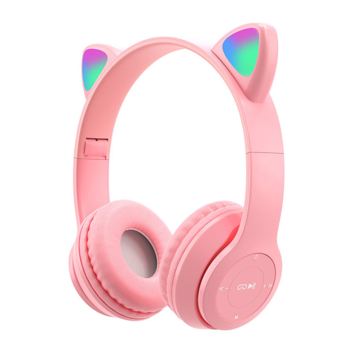 new-p47-bluetooth-5-0-headphone-cute-cat-ear-wireless-earphone-foldable-stereo-bass-call-headset-kids-girls-helmet-gift-with-mic